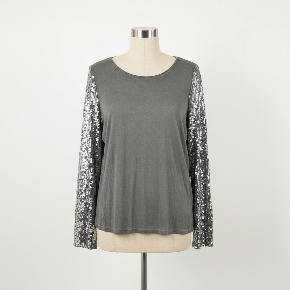 INC International Concepts Sequin Sleeve Tee Top Gray XL
